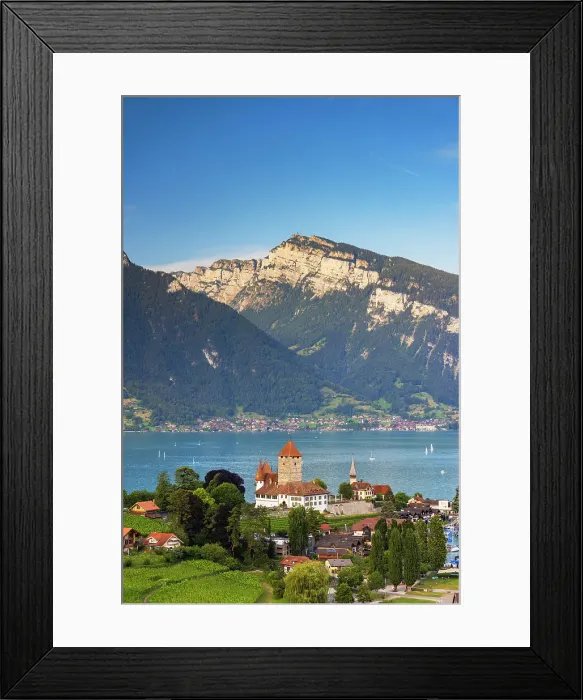 Framed Print : Spiez Castle with Niederhorn mountain in the background, Spiez, Canton of Bern, Switzerland Framed Print : Spiez Castle with Niederhorn mountain in the background, Spiez, Canton of Bern, Switzerland