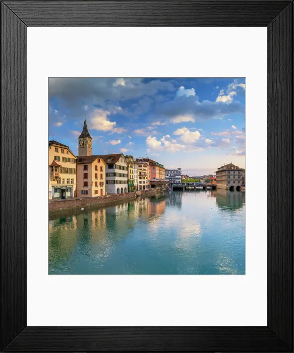 Framed Print : St Peter Church and Limmat River at sunrise, Zurich, Switzerland Framed Print : St Peter Church and Limmat River at sunrise, Zurich, Switzerland
