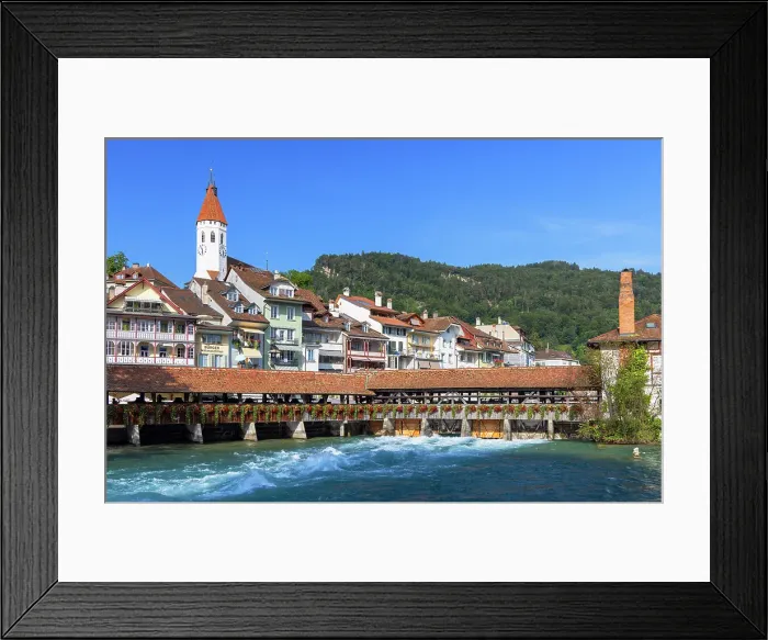 Framed Print : Mill Lock Bridge, Thun Town Church and Aare River, Thun, Canton of Bern, Switzerland