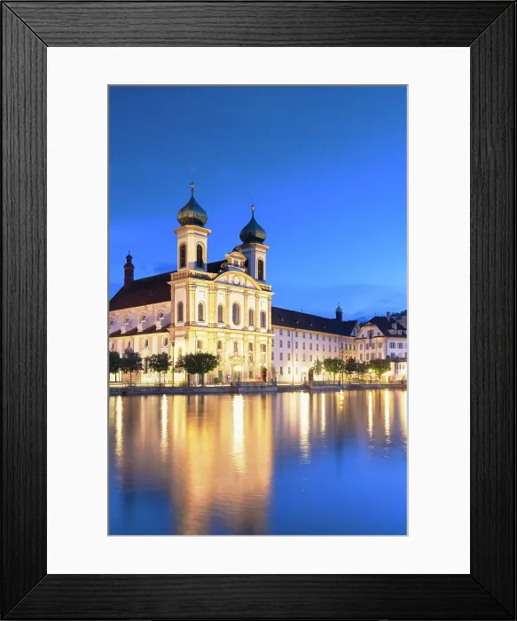 Framed Print : Franz Xaver Jesuit Church and Reuss River at dusk, Lucerne, Switzerland Framed Print : Franz Xaver Jesuit Church and Reuss River at dusk, Lucerne, Switzerland