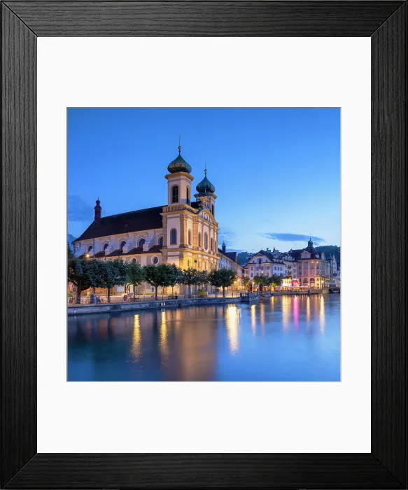 Framed Print : Franz Xaver Jesuit Church and Reuss River at dusk, Lucerne, Switzerland Framed Print : Franz Xaver Jesuit Church and Reuss River at dusk, Lucerne, Switzerland