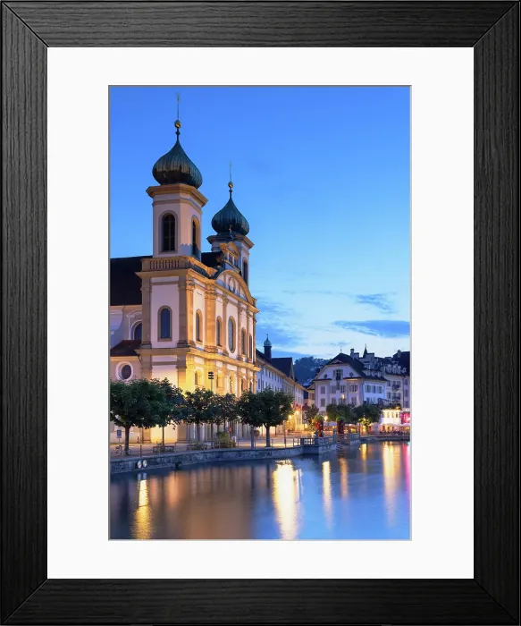 Framed Print : Franz Xaver Jesuit Church and Reuss River at dusk, Lucerne, Switzerland Framed Print : Franz Xaver Jesuit Church and Reuss River at dusk, Lucerne, Switzerland