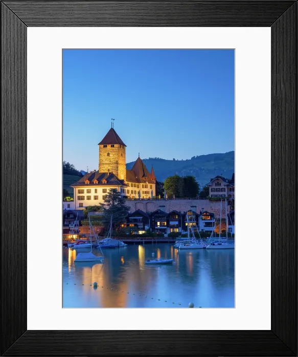 Framed Print : Spiez Castle at dusk, Spiez, Canton of Bern, Switzerland Framed Print : Spiez Castle at dusk, Spiez, Canton of Bern, Switzerland