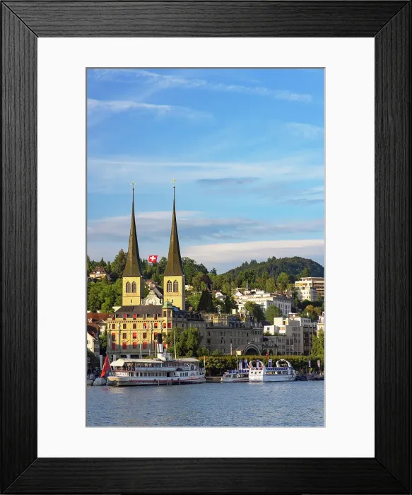 Framed Print : St Leodegar Church and ferries, Lucerne, Switzerland Framed Print : St Leodegar Church and ferries, Lucerne, Switzerland