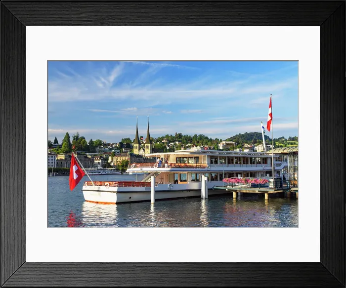 Framed Print : St Leodegar Church and ferry, Lucerne, Switzerland Framed Print : St Leodegar Church and ferry, Lucerne, Switzerland