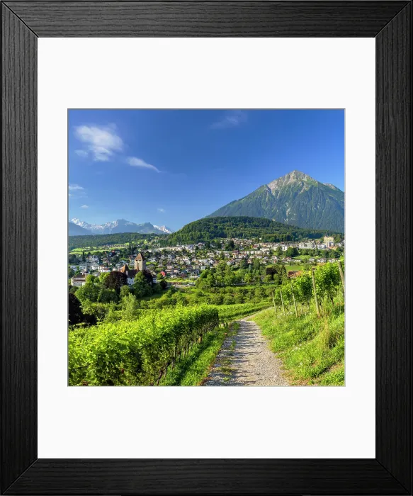 Framed Print : Spiez Castle, vineyards and Niesen mountain, Spiez, Canton of Bern, Switzerland Framed Print : Spiez Castle, vineyards and Niesen mountain, Spiez, Canton of Bern, Switzerland