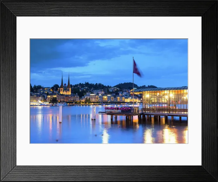 Framed Print : St Leodegar Church and ferry pier at dusk, Lucerne, Switzerland Framed Print : St Leodegar Church and ferry pier at dusk, Lucerne, Switzerland