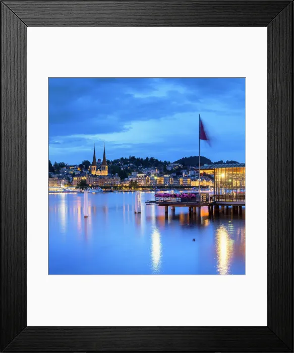 Framed Print : St Leodegar Church and ferry pier at dusk, Lucerne, Switzerland Framed Print : St Leodegar Church and ferry pier at dusk, Lucerne, Switzerland