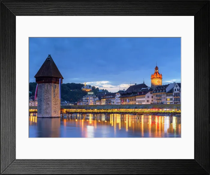Framed Print : Chapel Bridge, Town Hall and Reuss River at dusk, Lucerne, Switzerland