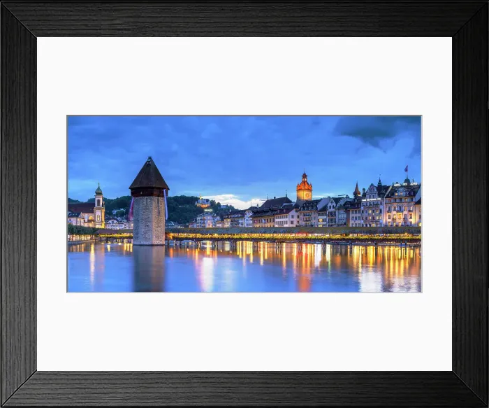 Framed Print : Chapel Bridge and Reuss River at dusk, Lucerne, Switzerland Framed Print : Chapel Bridge and Reuss River at dusk, Lucerne, Switzerland