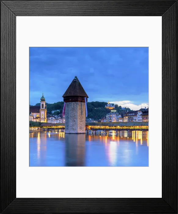 Framed Print : Chapel Bridge and Reuss River at dusk, Lucerne, Switzerland Framed Print : Chapel Bridge and Reuss River at dusk, Lucerne, Switzerland