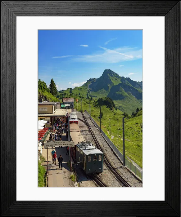 Framed Print : Train of cogwheel railway at Schynige Platte station, Jungfrau Region, Bernese Oberland, Switzerland