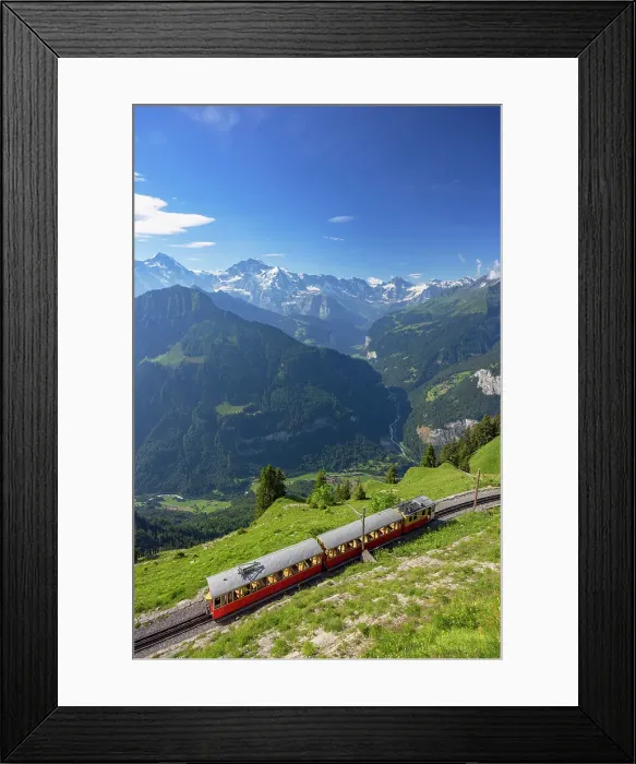 Framed Print : Train of cogwheel railway with Jungfrau and Monch mountains, Schynige Platte, Jungfrau Region, Bernese Oberland, Switzerland