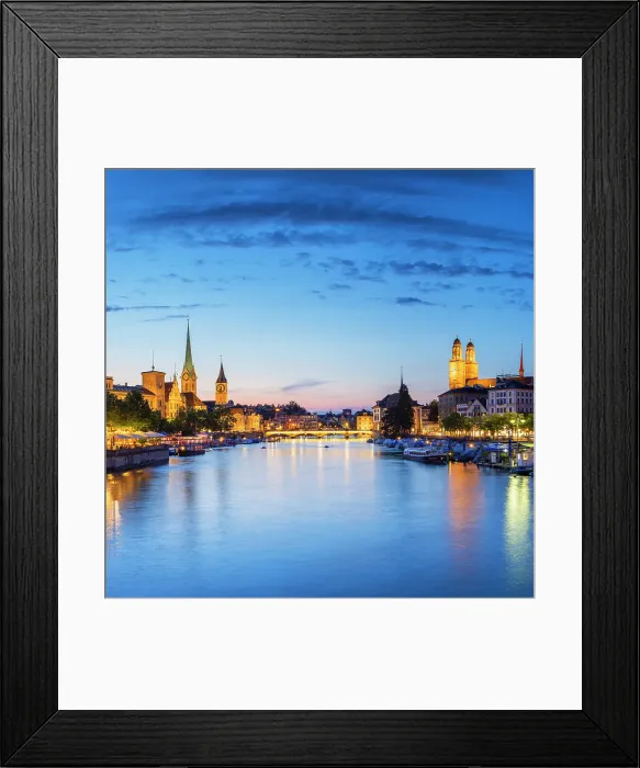 Framed Print : Skyline and Limmat River at dusk, Zurich, Switzerland Framed Print : Skyline and Limmat River at dusk, Zurich, Switzerland