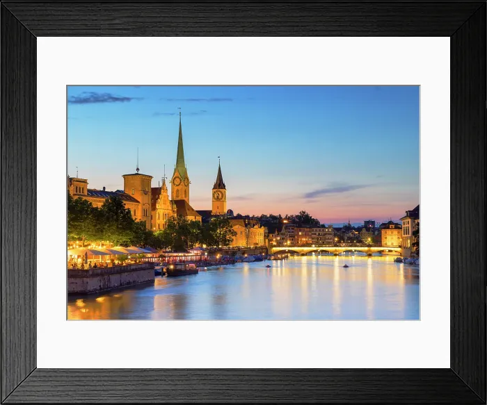 Framed Print : Fraumunster church, St Peter church on Limmat River at dusk, Zurich, Switzerland Framed Print : Fraumunster church, St Peter church on Limmat River at dusk, Zurich, Switzerland