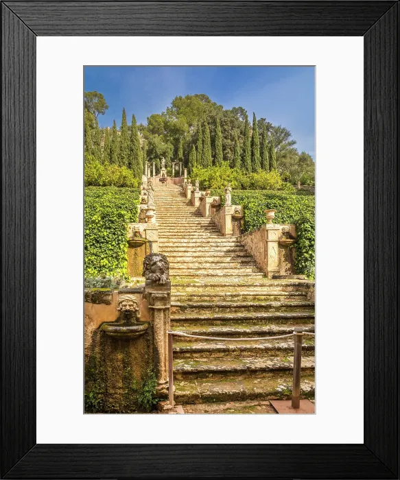 Framed Print : Stairs to the statue of Apollo in the upper gardens of the Raixa estate, Bunyola, Mallorca, Balearic Islands, Spain