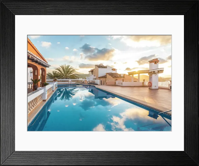 Framed Print : Beautiful hotel terrace in Cala Fornells at sunrise, Mallorca, Balearic Islands, Spain Framed Print : Beautiful hotel terrace in Cala Fornells at sunrise, Mallorca, Balearic Islands, Spain