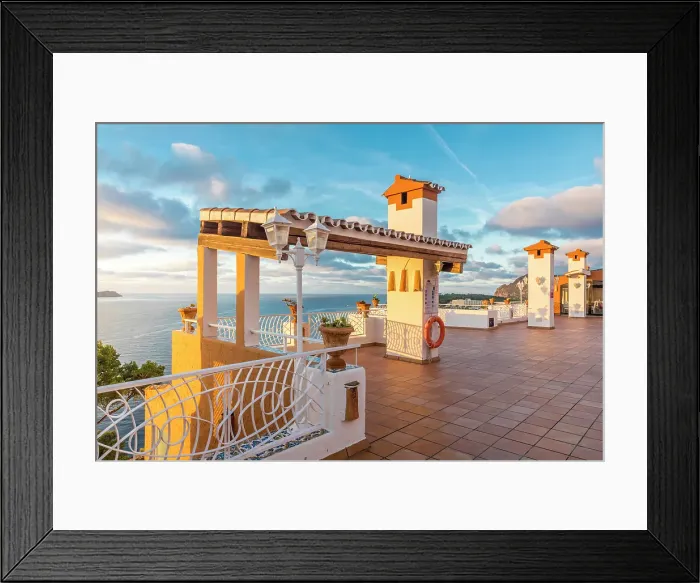 Framed Print : Beautiful hotel terrace in Cala Fornells at sunrise, Mallorca, Balearic Islands, Spain Framed Print : Beautiful hotel terrace in Cala Fornells at sunrise, Mallorca, Balearic Islands, Spain