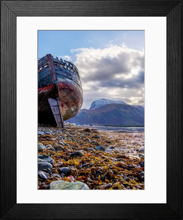 Framed Print : UK, Scotland, Highland, Fort William, Corpach, Caol Beach, Corpach Shipwreck or Old Boat of Caol and Ben Nevis Framed Print : UK, Scotland, Highland, Fort William, Corpach, Caol Beach, Corpach Shipwreck or Old Boat of Caol and Ben Nevis