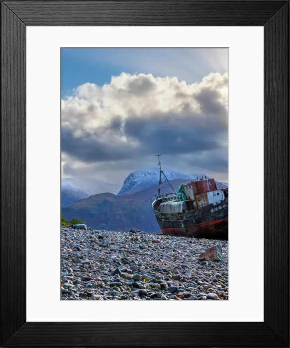 Framed Print : UK, Scotland, Highland, Fort William, Corpach, Caol Beach, Corpach Shipwreck or Old Boat of Caol and Ben Nevis