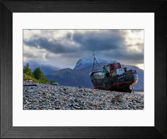 Framed Print : UK, Scotland, Highland, Fort William, Corpach, Caol Beach, Corpach Shipwreck or Old Boat of Caol and Ben Nevis
