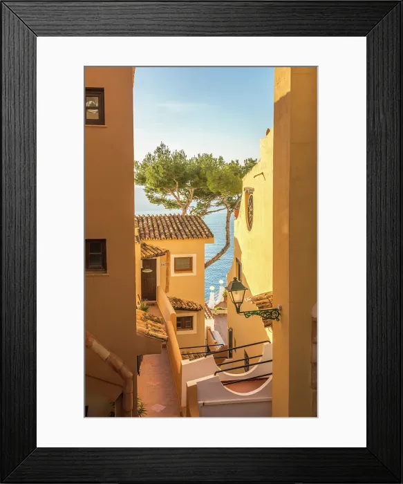 Framed Print : View through the houses of Cala Fornells to the sea, Mallorca, Balearic Islands, Spain Framed Print : View through the houses of Cala Fornells to the sea, Mallorca, Balearic Islands, Spain