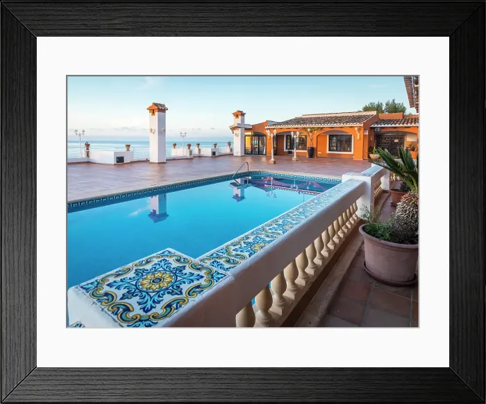 Framed Print : Beautiful hotel terrace in Cala Fornells at sunrise, Mallorca, Balearic Islands, Spain Framed Print : Beautiful hotel terrace in Cala Fornells at sunrise, Mallorca, Balearic Islands, Spain