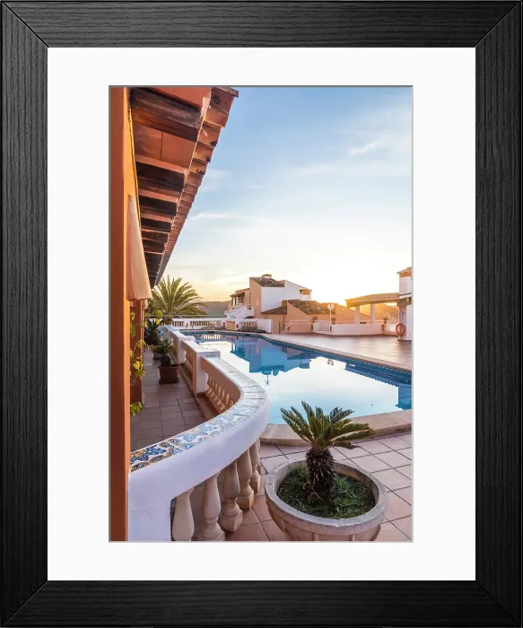 Framed Print : Beautiful hotel terrace in Cala Fornells at sunrise, Mallorca, Balearic Islands, Spain Framed Print : Beautiful hotel terrace in Cala Fornells at sunrise, Mallorca, Balearic Islands, Spain