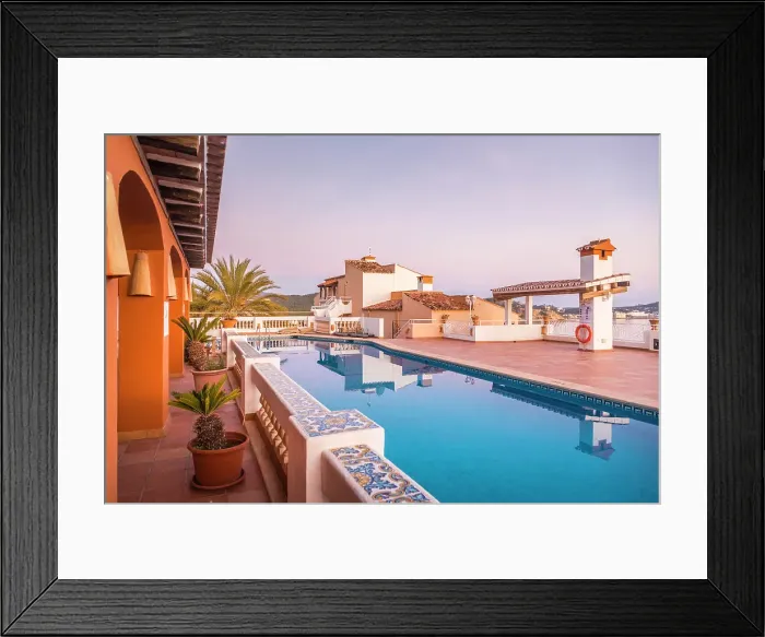 Framed Print : Beautiful hotel terrace in Cala Fornells at sunrise, Mallorca, Balearic Islands, Spain