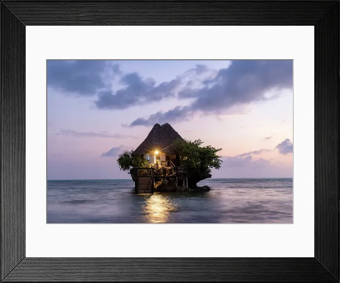 Framed Print : The Rock, a small restaurant built on a coral outcrop in the sea off Michamvi Pingwe Beach, Zanzibar, Tanzania
