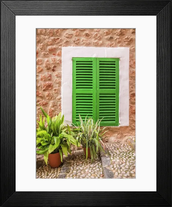 Framed Print : Green window and plants in the mountain village of Fornalutx, Serra de Tramuntana, Mallorca, Balearic Islands, Spain Framed Print : Green window and plants in the mountain village of Fornalutx, Serra de Tramuntana, Mallorca, Balearic Islands, Spain