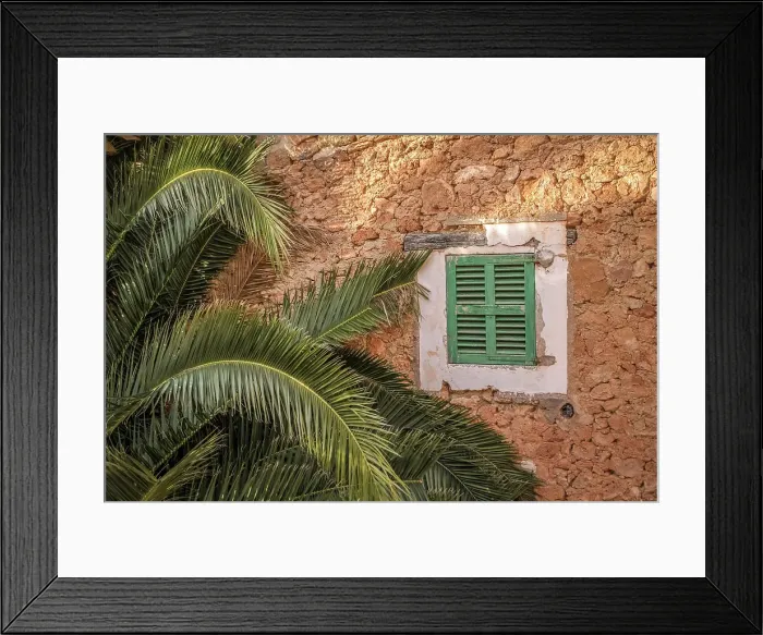 Framed Print : Green window and palm tree in the mountain village of Deia in the Serra de Tramuntana, Mallorca, Balearic Islands, Spain Framed Print : Green window and palm tree in the mountain village of Deia in the Serra de Tramuntana, Mallorca, Balearic Islands, Spain