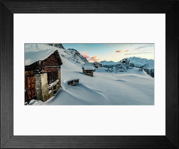 Framed Print : Mountain huts covered with snow after a blizzard, Maloja, Engadin, Graubunden canton, Switzerland Framed Print : Mountain huts covered with snow after a blizzard, Maloja, Engadin, Graubunden canton, Switzerland