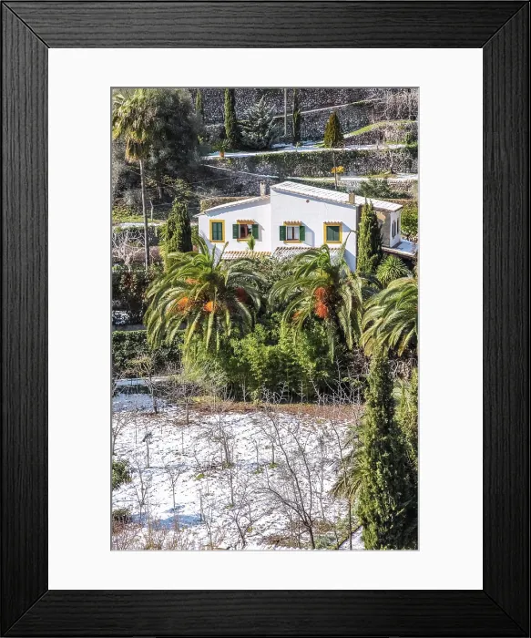 Framed Print : Snow-covered terraces in Valldemossa in the Serra de Tramuntana, Mallorca, Balearic Islands, Spain