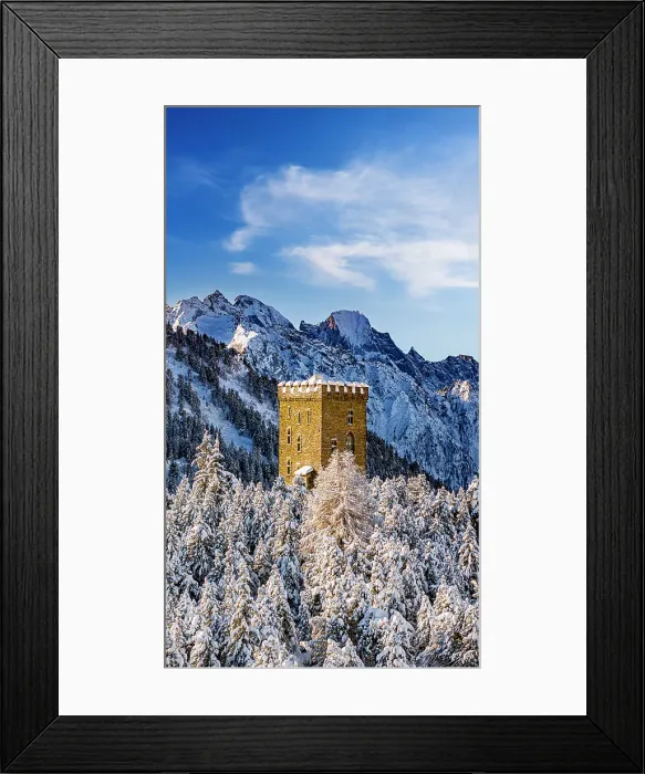 Framed Print : Historic Belvedere tower covered with snow, Maloja, Bregaglia, Graubunden canton, Engadin, Switzerland Framed Print : Historic Belvedere tower covered with snow, Maloja, Bregaglia, Graubunden canton, Engadin, Switzerland
