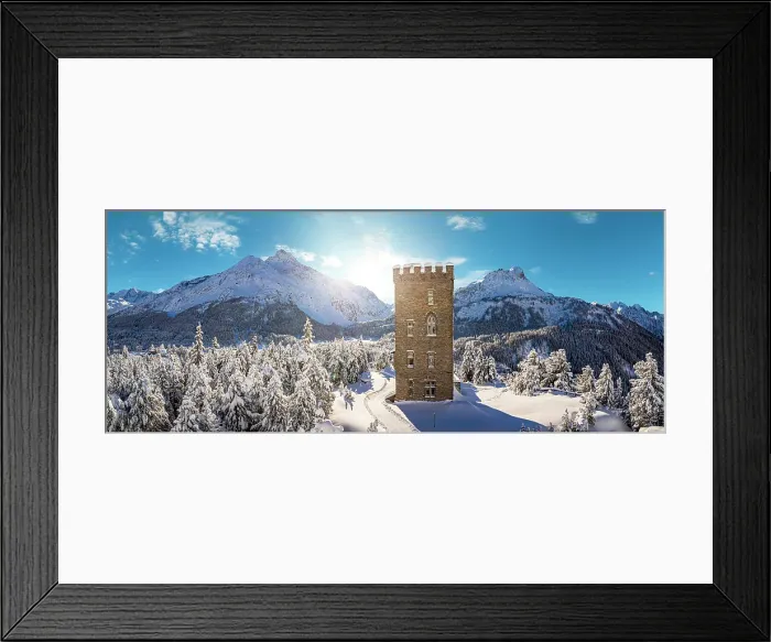 Framed Print : Historic Belvedere tower covered with snow, Maloja, Bregaglia, Graubunden canton, Engadin, Switzerland Framed Print : Historic Belvedere tower covered with snow, Maloja, Bregaglia, Graubunden canton, Engadin, Switzerland