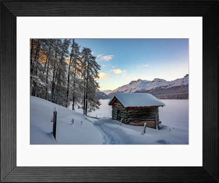 Framed Print : Snowy mountain hut in the winter woods, Plaun Da Lej, Sils, Engadin, Graubunden canton, Switzerland Framed Print : Snowy mountain hut in the winter woods, Plaun Da Lej, Sils, Engadin, Graubunden canton, Switzerland