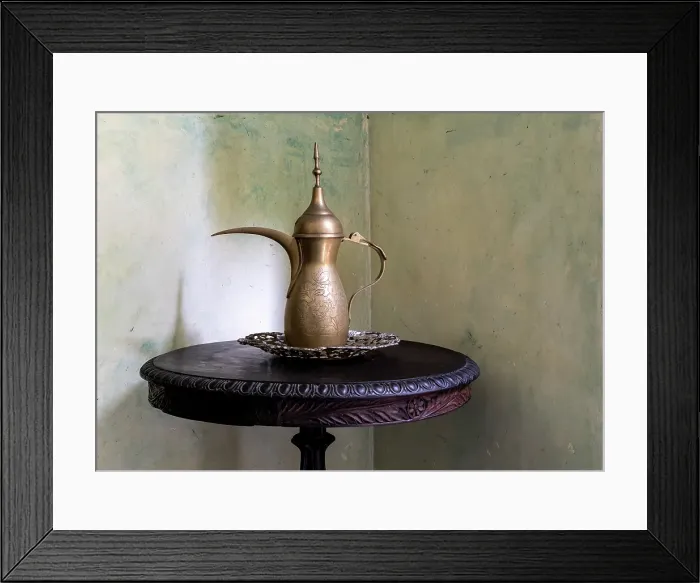 Framed Print : Ornate brass jug on a small table, Zanzibar, Tanzania Framed Print : Ornate brass jug on a small table, Zanzibar, Tanzania