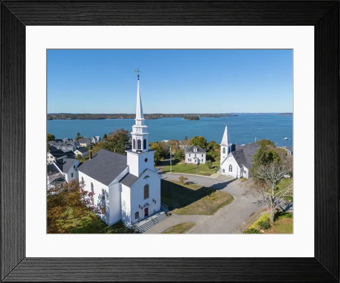 Framed Print : White Churches, Lubeck, Maine, New England, USA