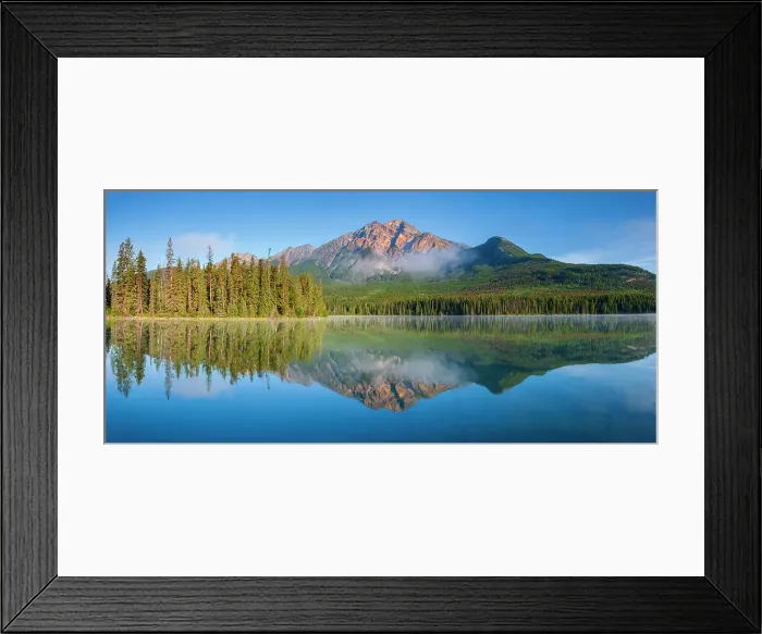Framed Print : Pyramid Mountain reflected in Pyramid Lake with morning fog Jasper National Park, Alberta, Canada Framed Print : Pyramid Mountain reflected in Pyramid Lake with morning fog Jasper National Park, Alberta, Canada