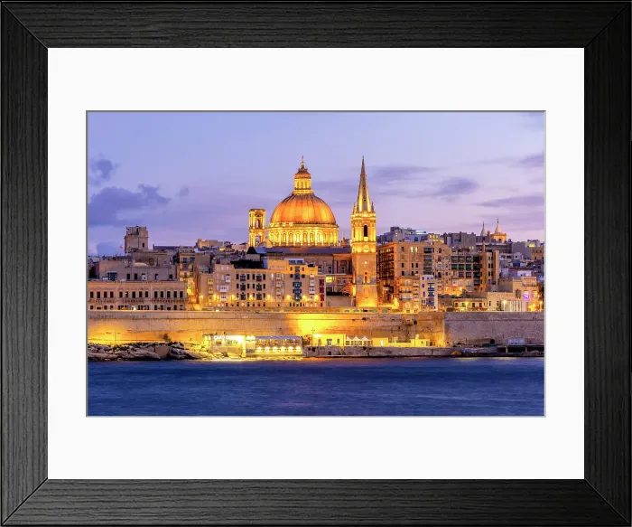 Framed Print : St Paul's Pro-Cathedral and The Basilica of Our Lady of Mount Carmel at Dusk, Marsamxett Harbour, Valletta, Malta, Southern Europe