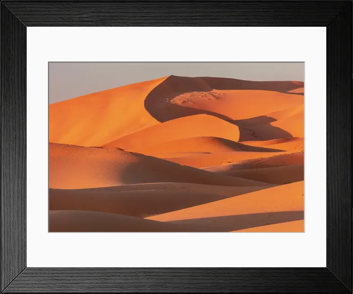 Framed Print : Orange sand dunes at sunset, Erg Chebbi, Sahara Desert, near Merzouga, Morocco Framed Print : Orange sand dunes at sunset, Erg Chebbi, Sahara Desert, near Merzouga, Morocco