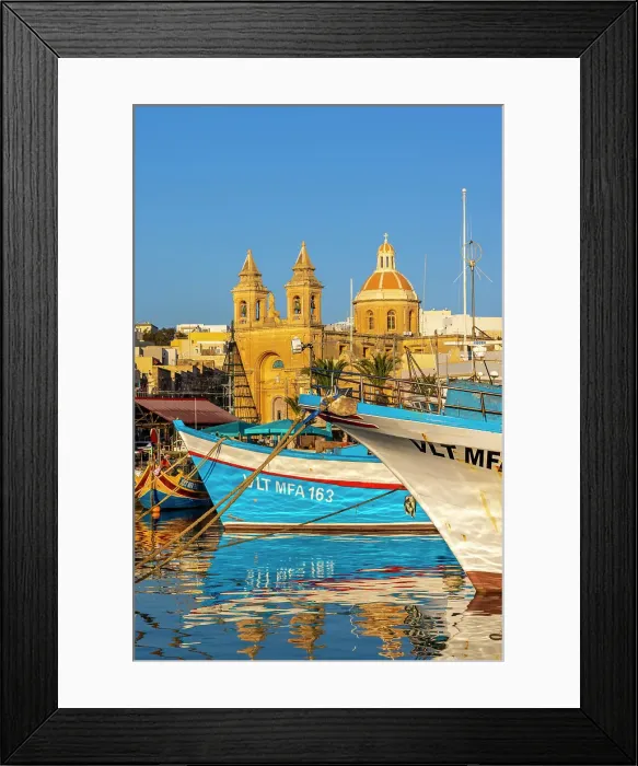 Framed Print : Parish Church of Our Lady of Pompei and Fishing Harbour, Marsaxlokk, Malta, Southern Europe Framed Print : Parish Church of Our Lady of Pompei and Fishing Harbour, Marsaxlokk, Malta, Southern Europe