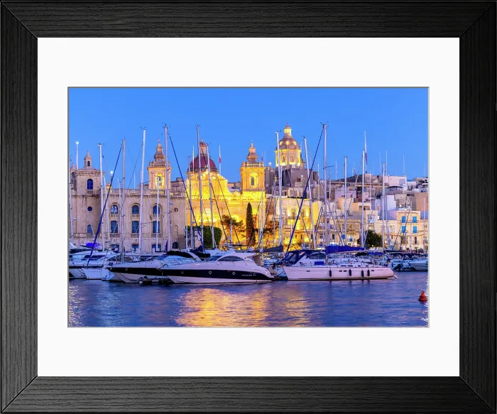 Framed Print : Church of St. Lawrence and Malta Maritime Museum at Dusk, Birgu, Malta, Southern Europe