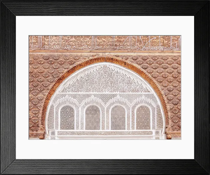 Framed Print : Ornate plasterwork and carved cedar wood panels, Ben Youssef Medersa (old Koranic school), Marrakech, Morocco Framed Print : Ornate plasterwork and carved cedar wood panels, Ben Youssef Medersa (old Koranic school), Marrakech, Morocco
