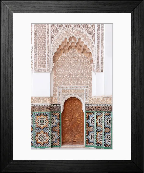 Framed Print : Ornate plasterwork and mosaic tiles, Ben Youssef Medersa (old Koranic school), Marrakech, Morocco Framed Print : Ornate plasterwork and mosaic tiles, Ben Youssef Medersa (old Koranic school), Marrakech, Morocco