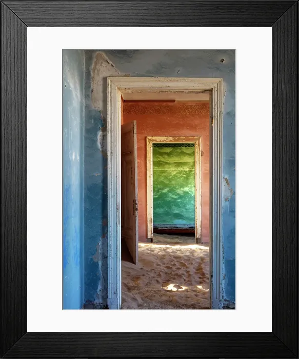 Framed Print : Colourful painted rooms with floors covered in sand in abandoned diamond mining town, Kolmanskop, Luderitz, Namib Desert, Namibia