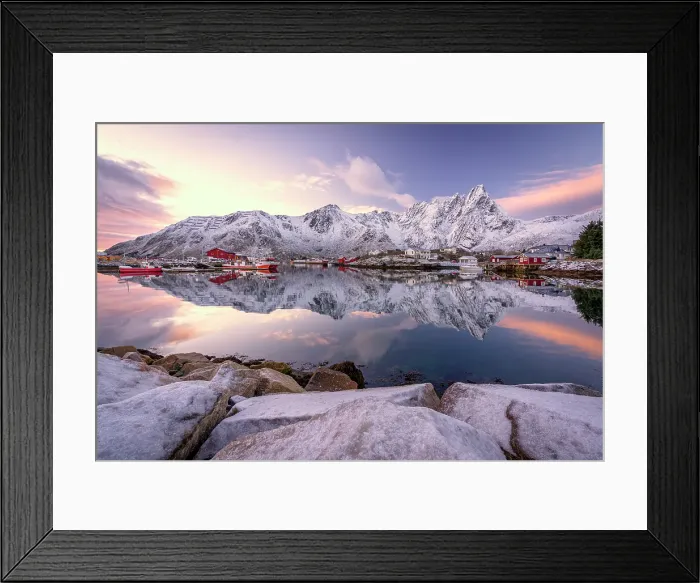 Framed Print : Fishing village of Ballstad and snowy mountains reflected in the sea at dawn, Vestvagoy, Lofoten Islands, Norway Framed Print : Fishing village of Ballstad and snowy mountains reflected in the sea at dawn, Vestvagoy, Lofoten Islands, Norway