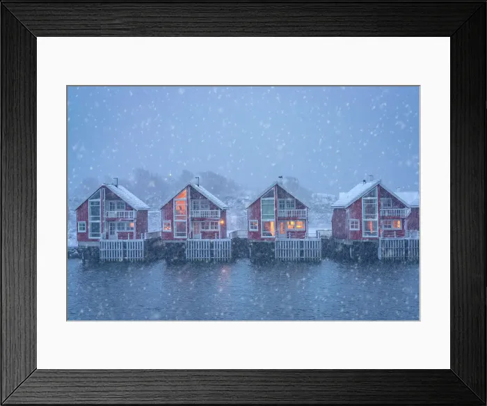 Framed Print : Traditional rorbu under a winter snowfall at dusk, Svolvaer, Lofoten Islands, Nordland, Norway Framed Print : Traditional rorbu under a winter snowfall at dusk, Svolvaer, Lofoten Islands, Nordland, Norway
