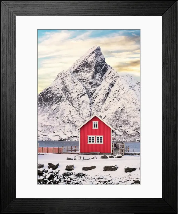 Framed Print : Isolated red fisherman cabin with snowcapped mountain on background at sunset, Sakrisoy, Reine, Lofoten Islands, Norway